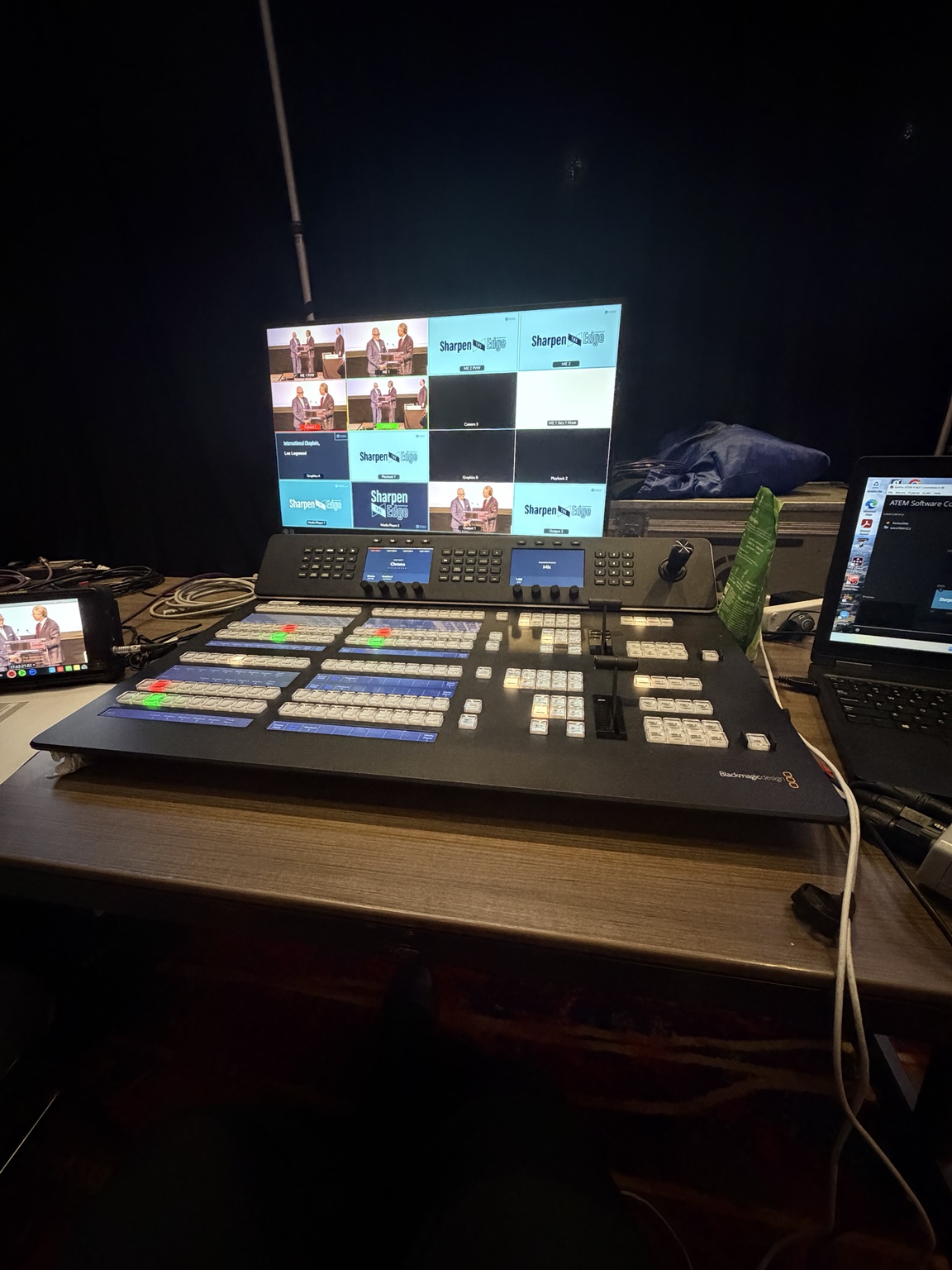 A Blackmagic switching panel and multiview display at the Gideons International Summit video position.