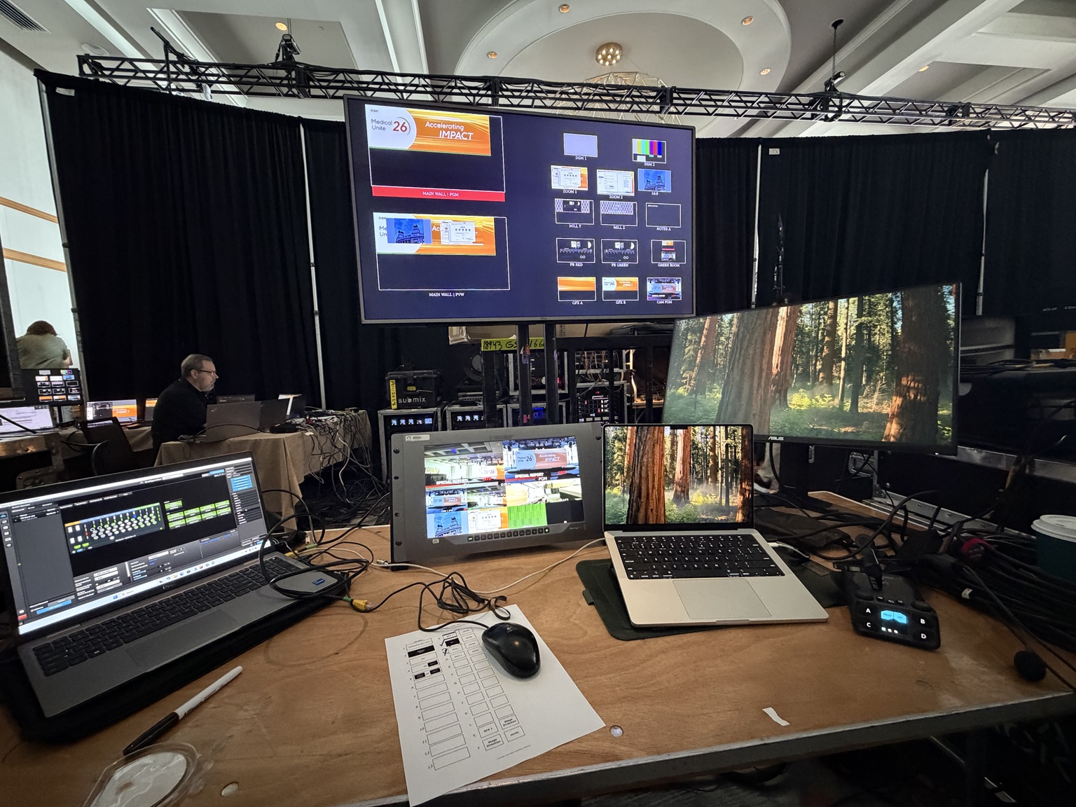 The GSK Medical Unite video position with control laptops and multiview monitoring.