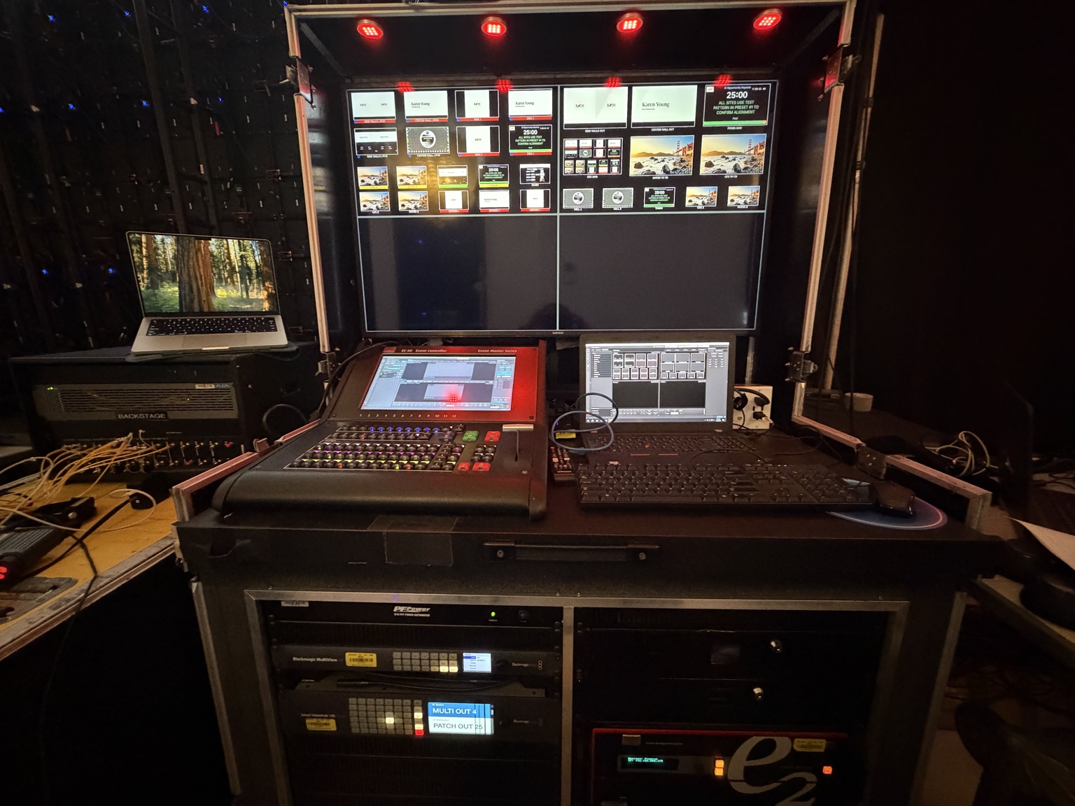 A Barco EC-50 controller, control laptop, and multiview monitor at the PWC Summit video position.